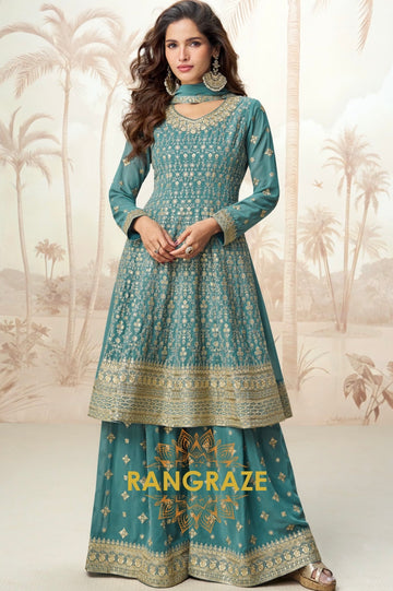 Emerald Bloom Teal Embroidered Palazzo Suit Set