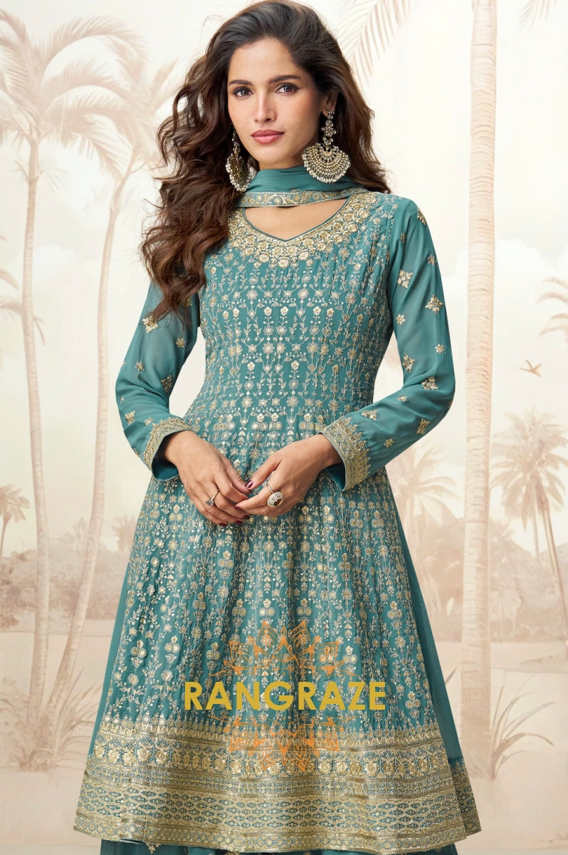 Emerald Bloom Teal Embroidered Palazzo Suit Set