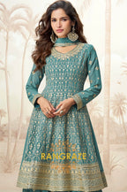 Emerald Bloom Teal Embroidered Palazzo Suit Set