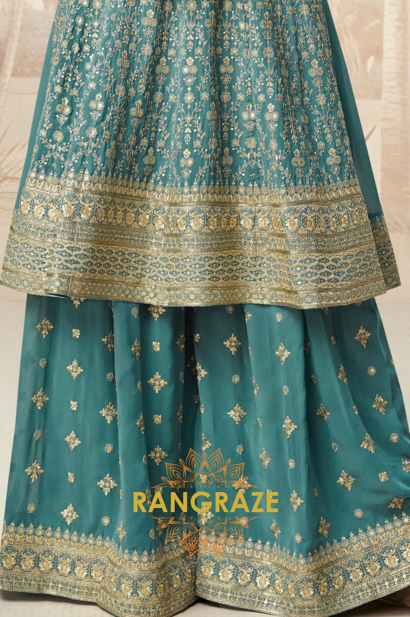 Emerald Bloom Teal Embroidered Palazzo Suit Set
