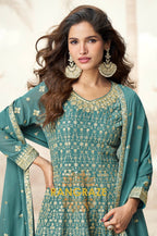 Emerald Bloom Teal Embroidered Palazzo Suit Set
