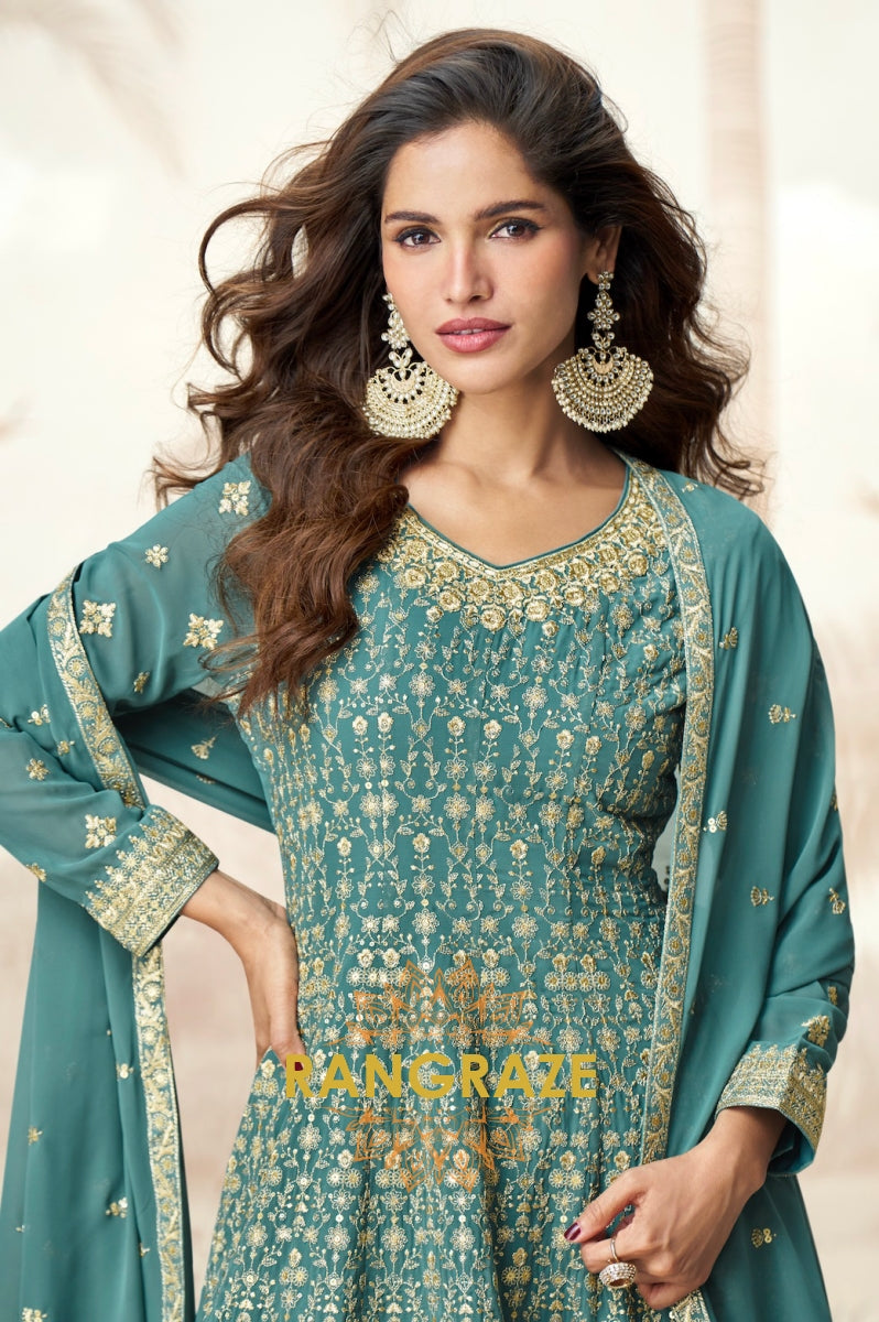 Emerald Bloom Teal Embroidered Palazzo Suit Set