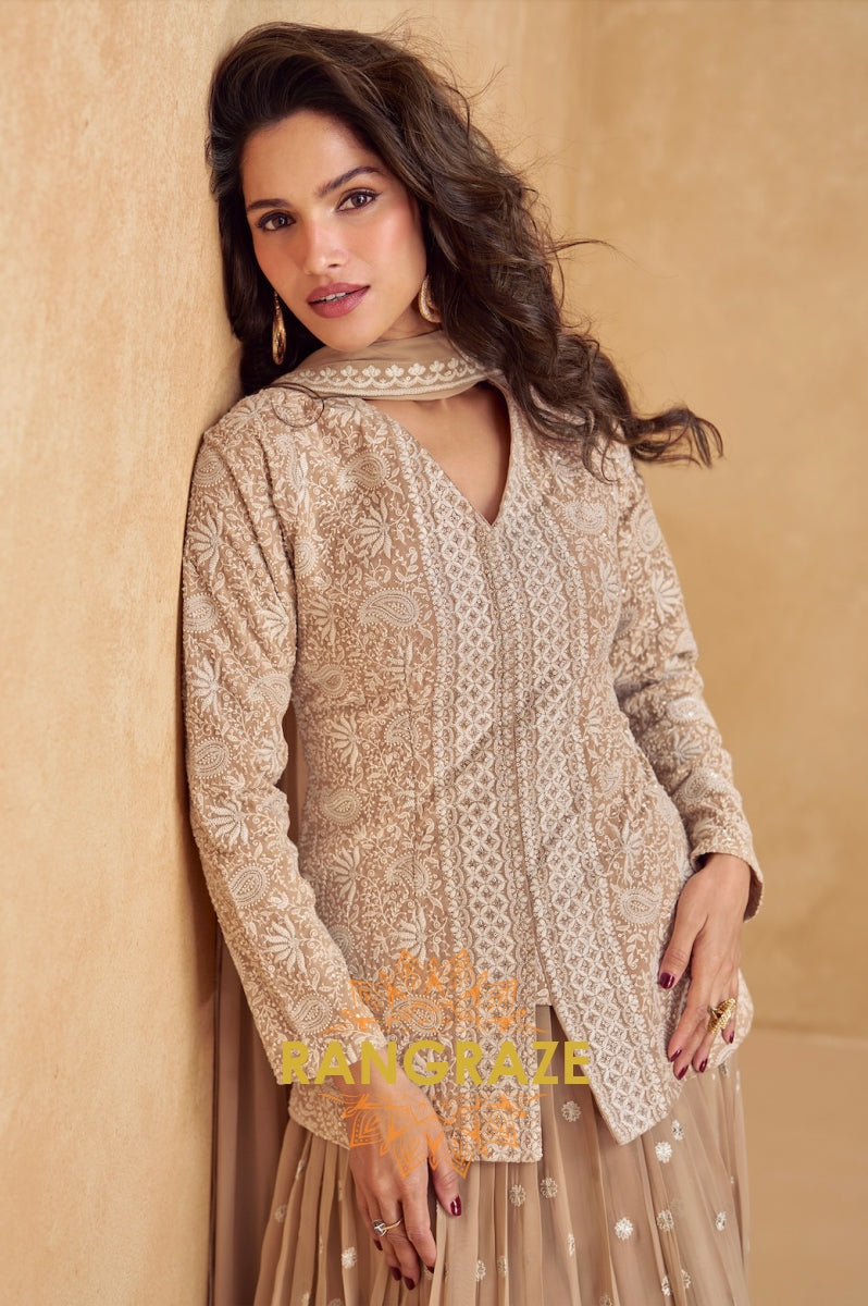 Champagne Glow Embroidered Jacket Lehenga Suit Set