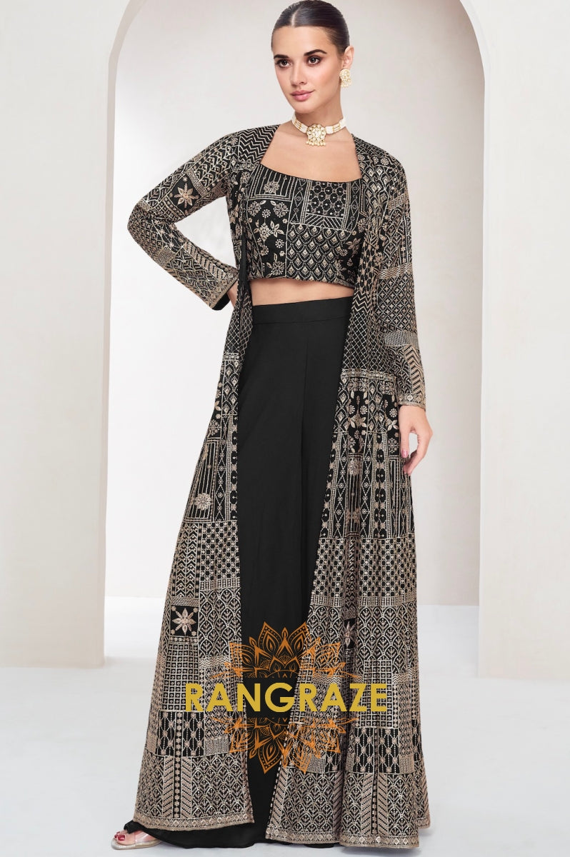 Noir Mosaic Indo-Western Shrug Palazzo Suit Set