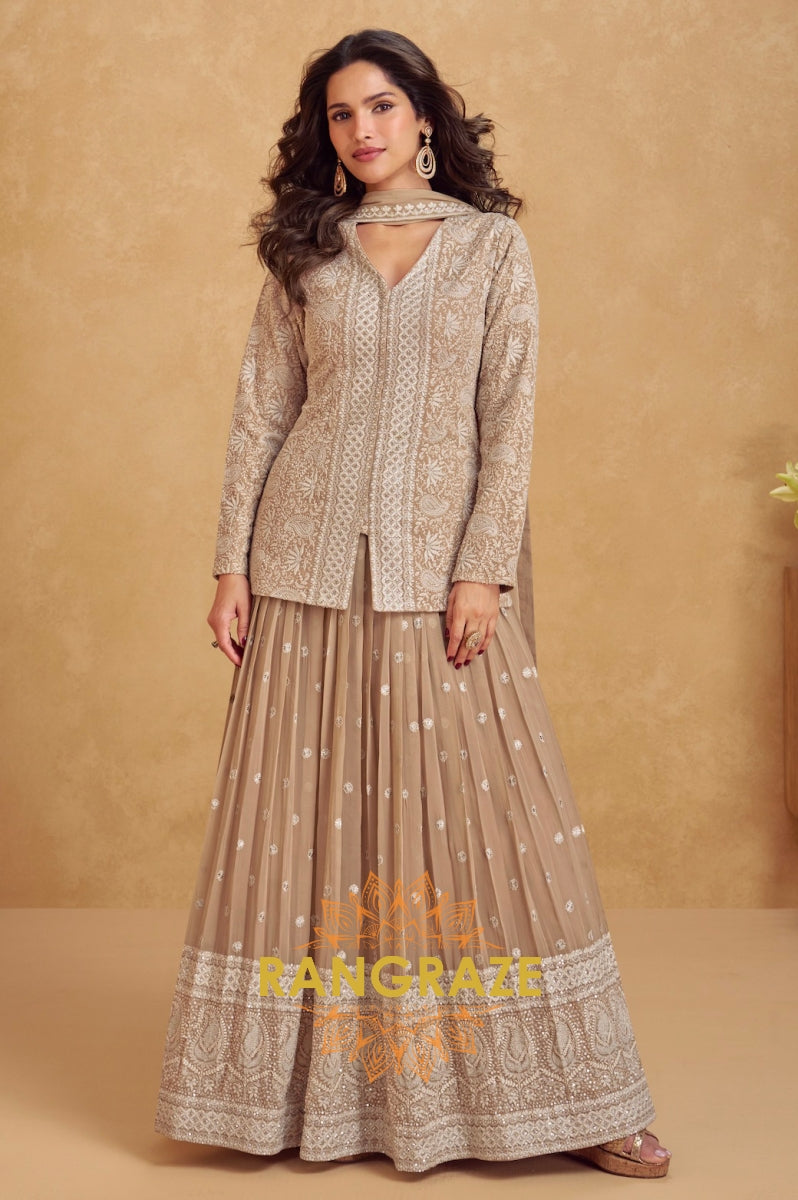 Champagne Glow Embroidered Jacket Lehenga Suit Set