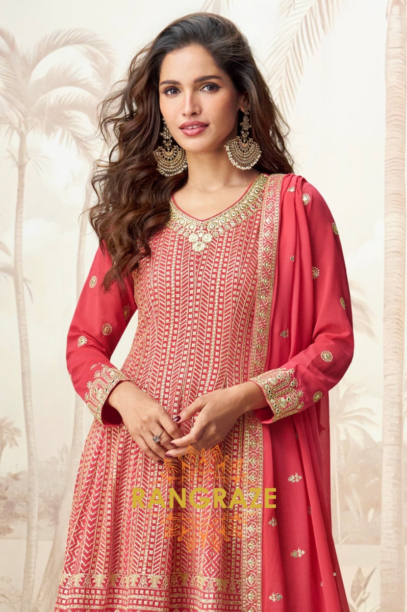 Crimson Bloom Red Embroidered Palazzo Suit Set