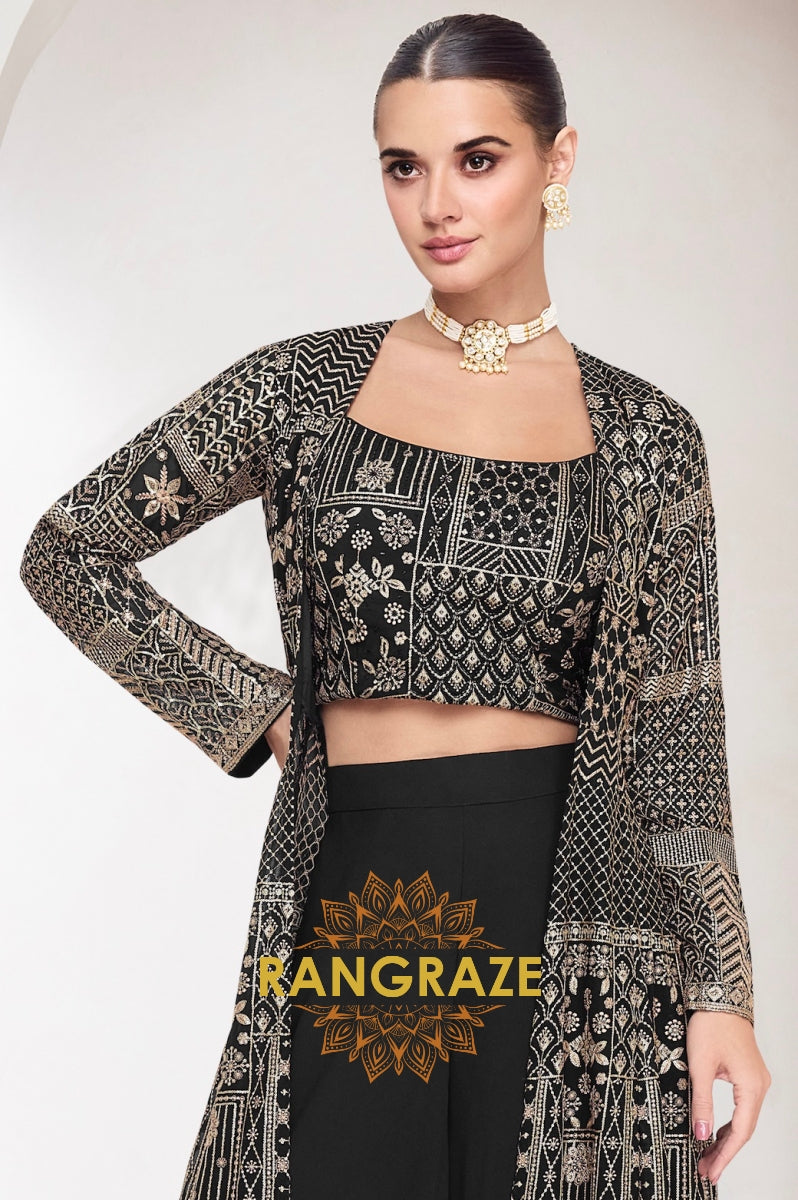 Noir Mosaic Indo-Western Shrug Palazzo Suit Set