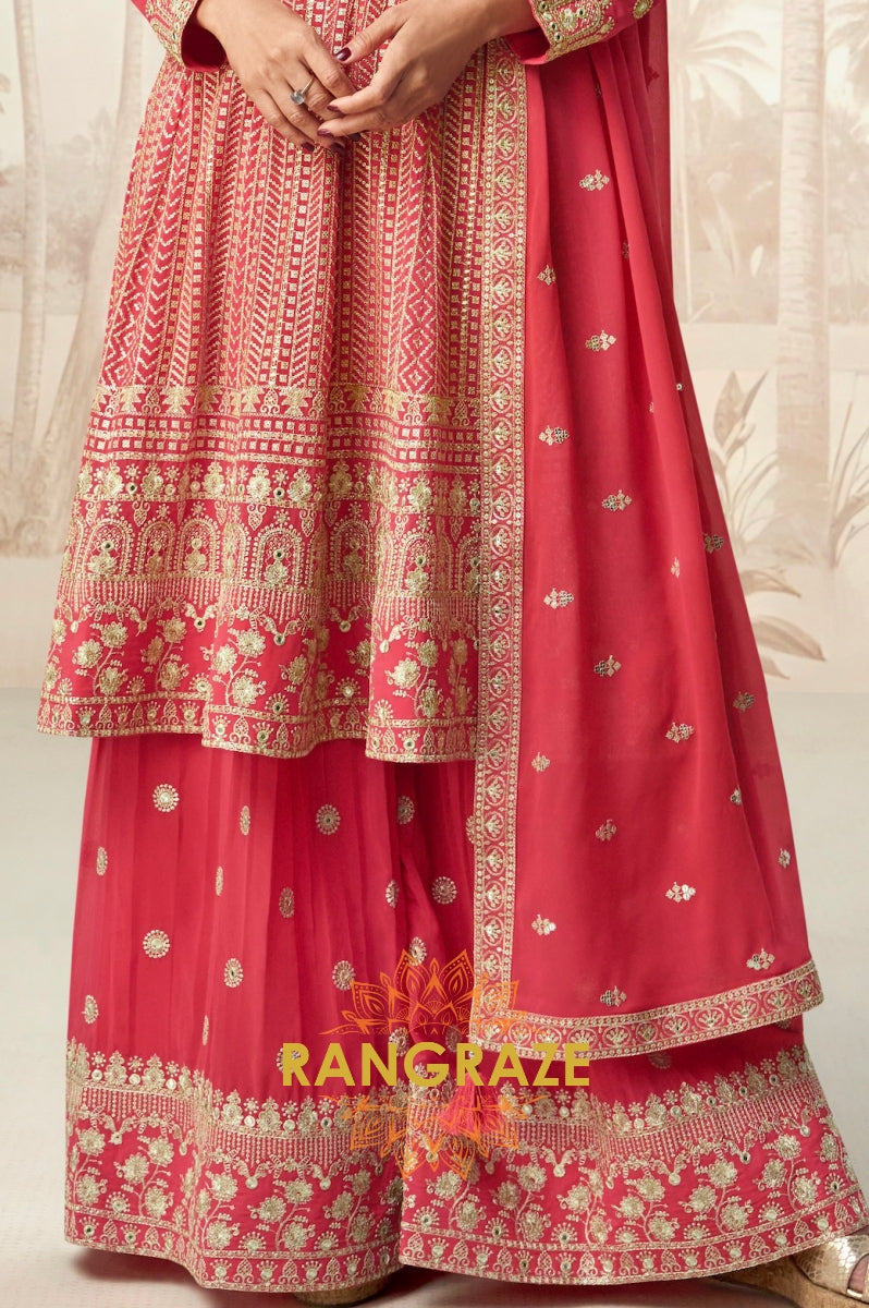 Crimson Bloom Red Embroidered Palazzo Suit Set