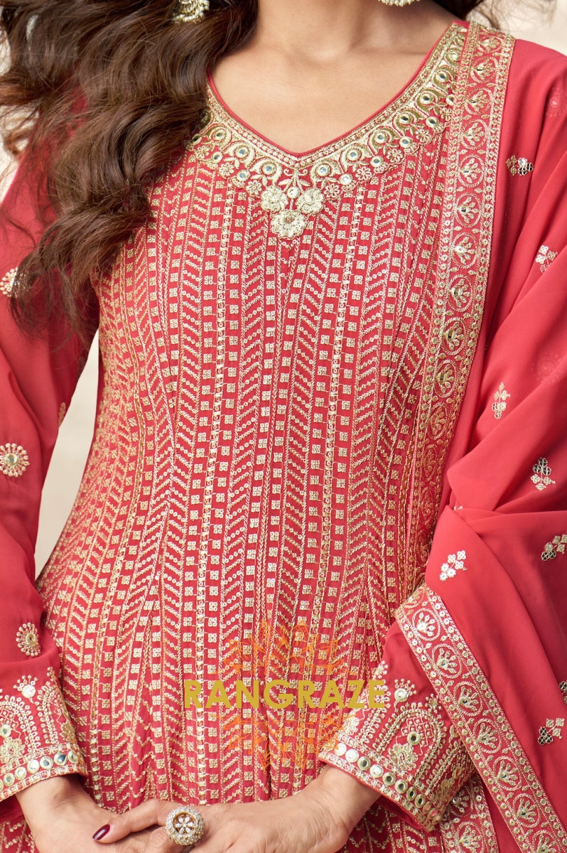 Crimson Bloom Red Embroidered Palazzo Suit Set