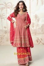 Crimson Bloom Red Embroidered Palazzo Suit Set