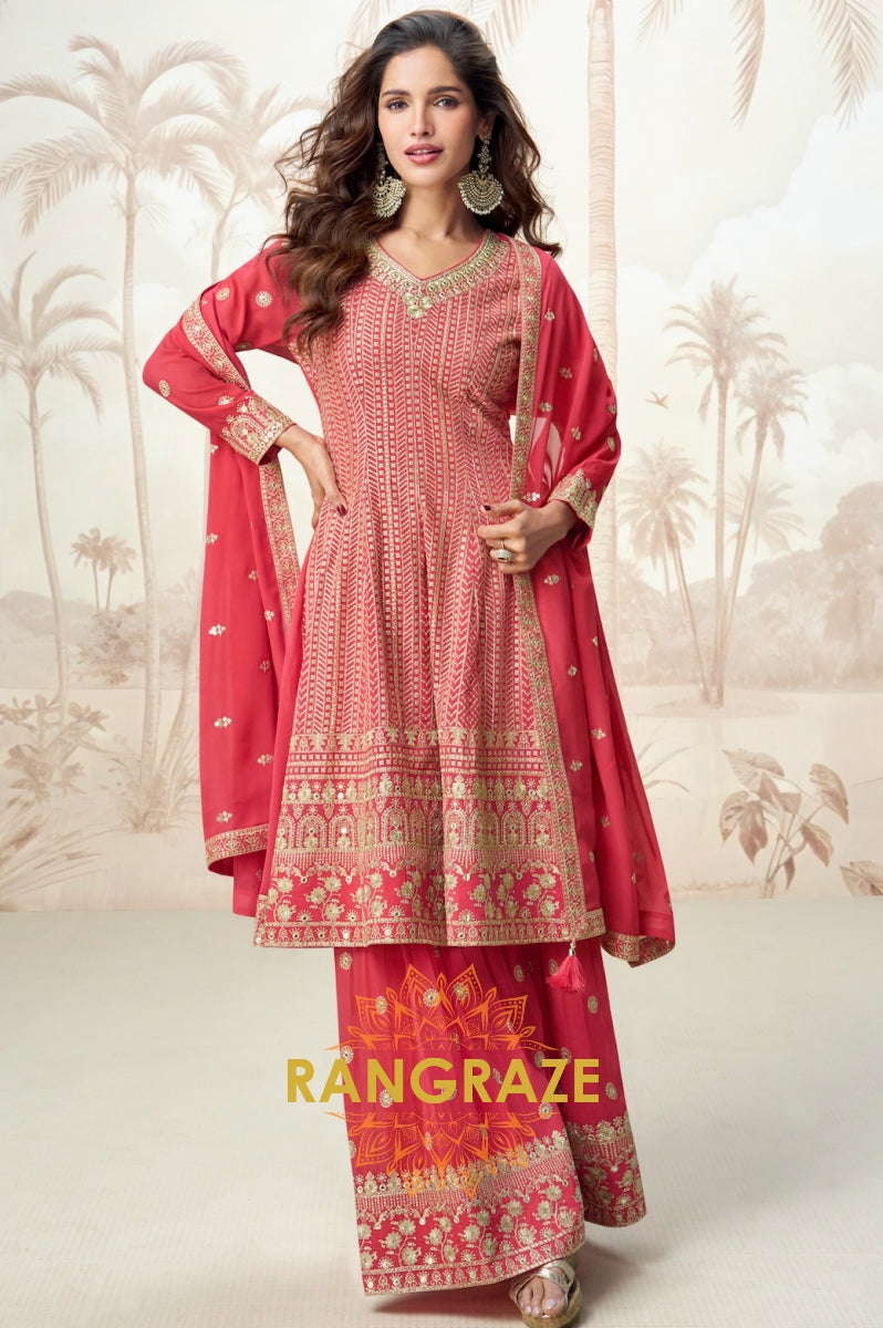 Crimson Bloom Red Embroidered Palazzo Suit Set