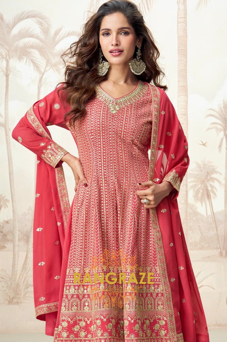 Crimson Bloom Red Embroidered Palazzo Suit Set