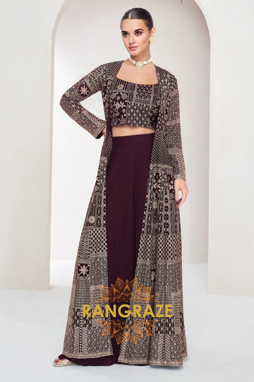Wine Regal Embroidered Indo-Western Palazzo Set