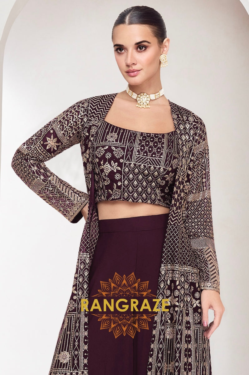 Wine Regal Embroidered Indo-Western Palazzo Suit Set