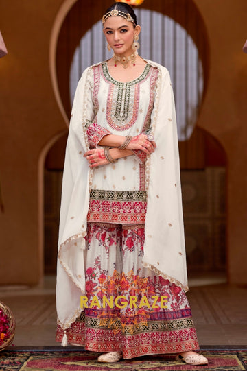 Zahra Ivory Embroidered Chinon Sharara Set