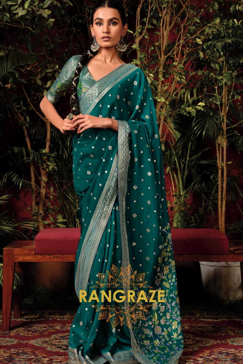 Dark Teal Elegance: Designer Zari Woven Silk Saree