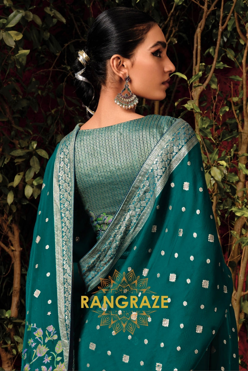 Dark Teal Elegance: Designer Zari Woven Silk Saree