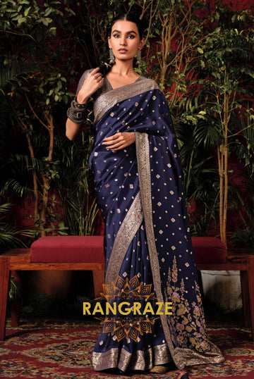 Midnight Sapphire: Designer Zari Woven Silk Saree