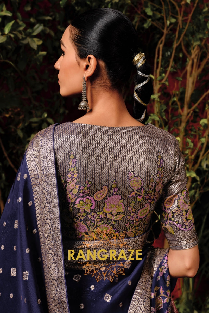 Midnight Sapphire: Designer Zari Woven Silk Saree