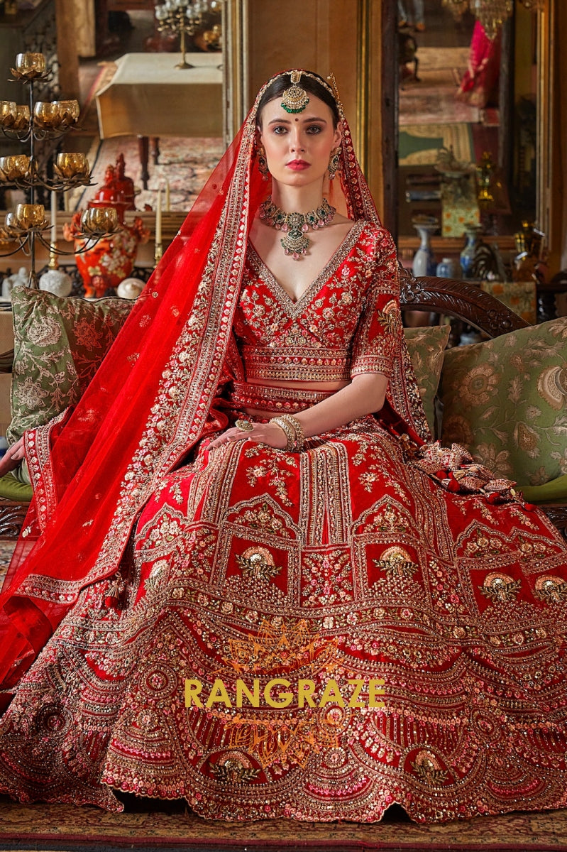 Ruhani Zohra Double-Dupatta Bridal Silk Lehenga – The Empress in Scarlet Bloom