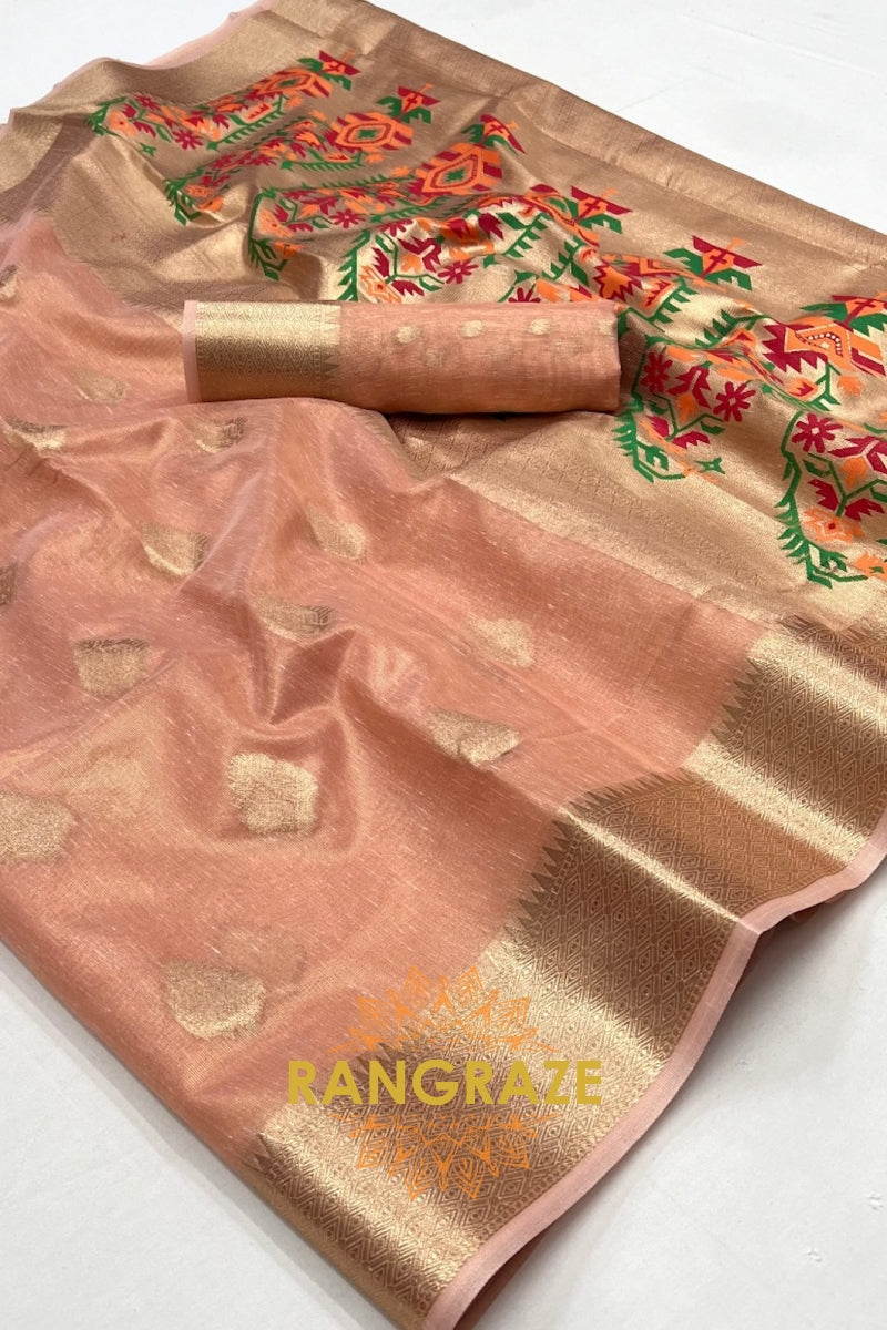 Vintage Peach Orange Woven Banarasi Tissue Silk Saree