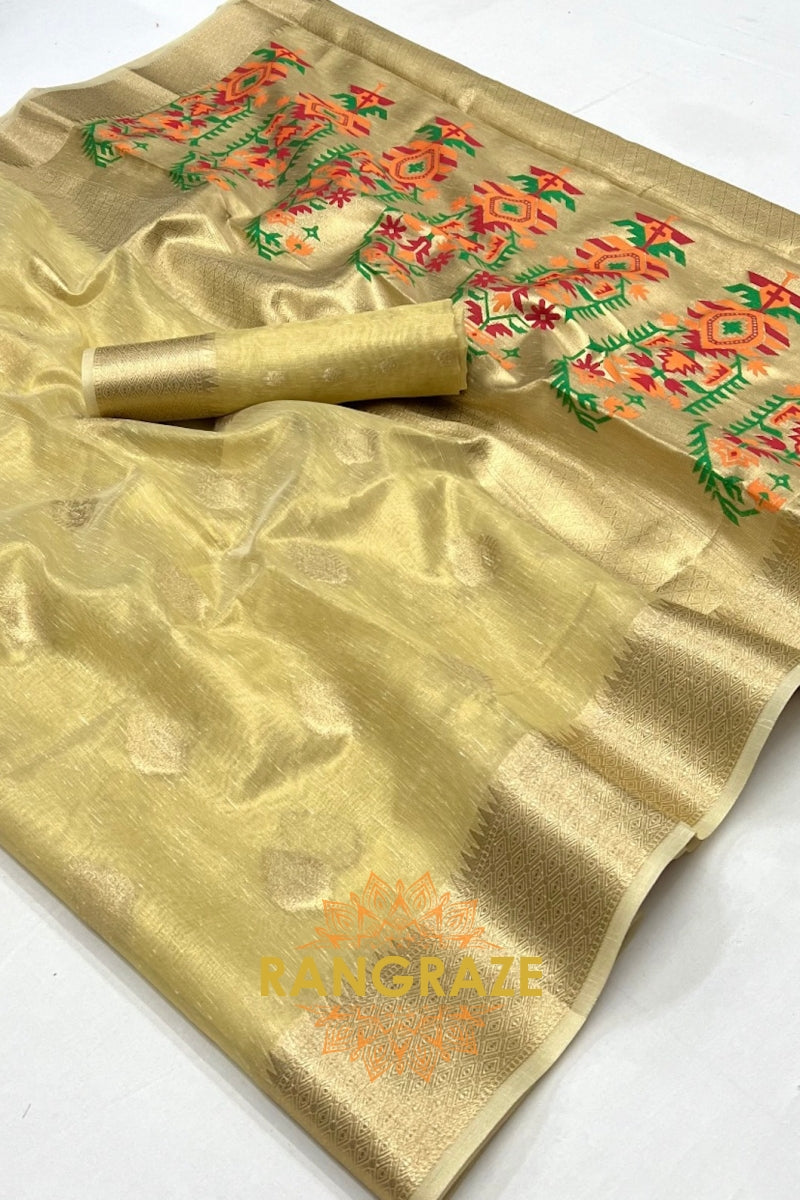 Vintage Golden Beige Woven Banarasi Tissue Silk Saree