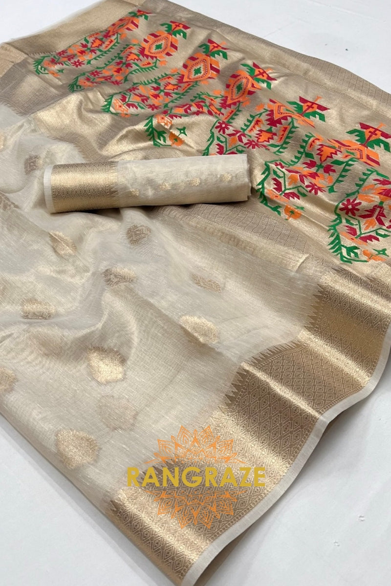 Vintage Golden White Woven Banarasi Tissue Silk Saree