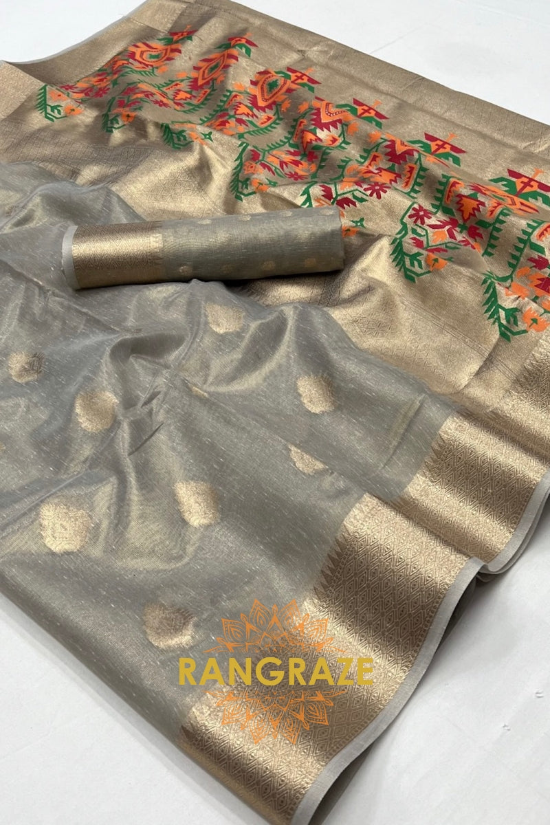 Vintage Golden Grey Woven Banarasi Tissue Silk Saree