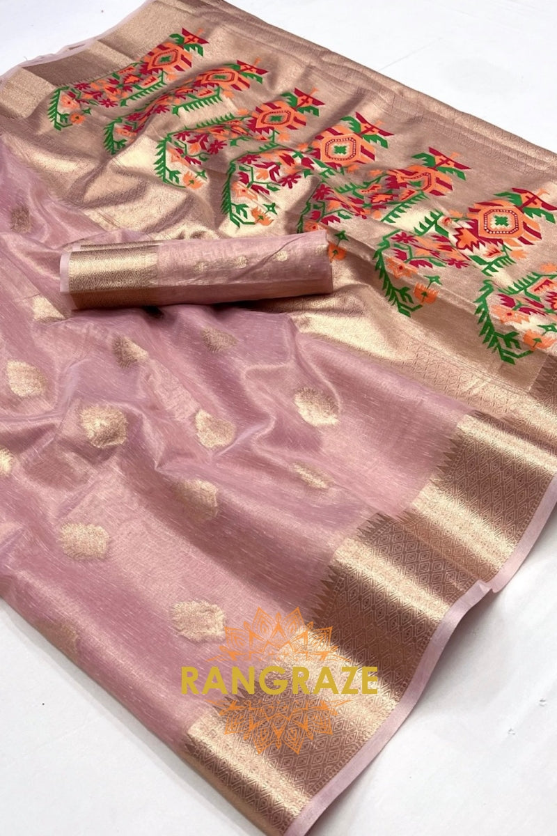 Vintage Golden Pink Woven Banarasi Tissue Silk Saree