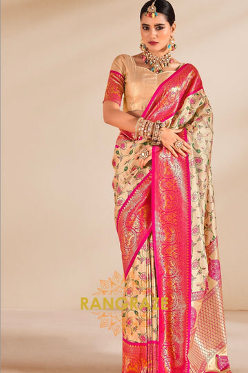 Radiant Fuchsia Dharmavaram Tissue Silk Saree with Gold Zari Weaving