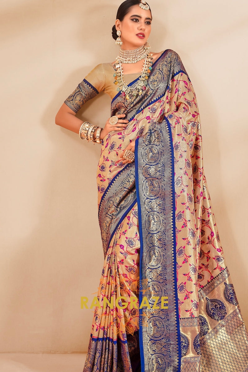 Royal Blue and Cream Dharmavaram Tissue Silk Saree with Zari Weaving