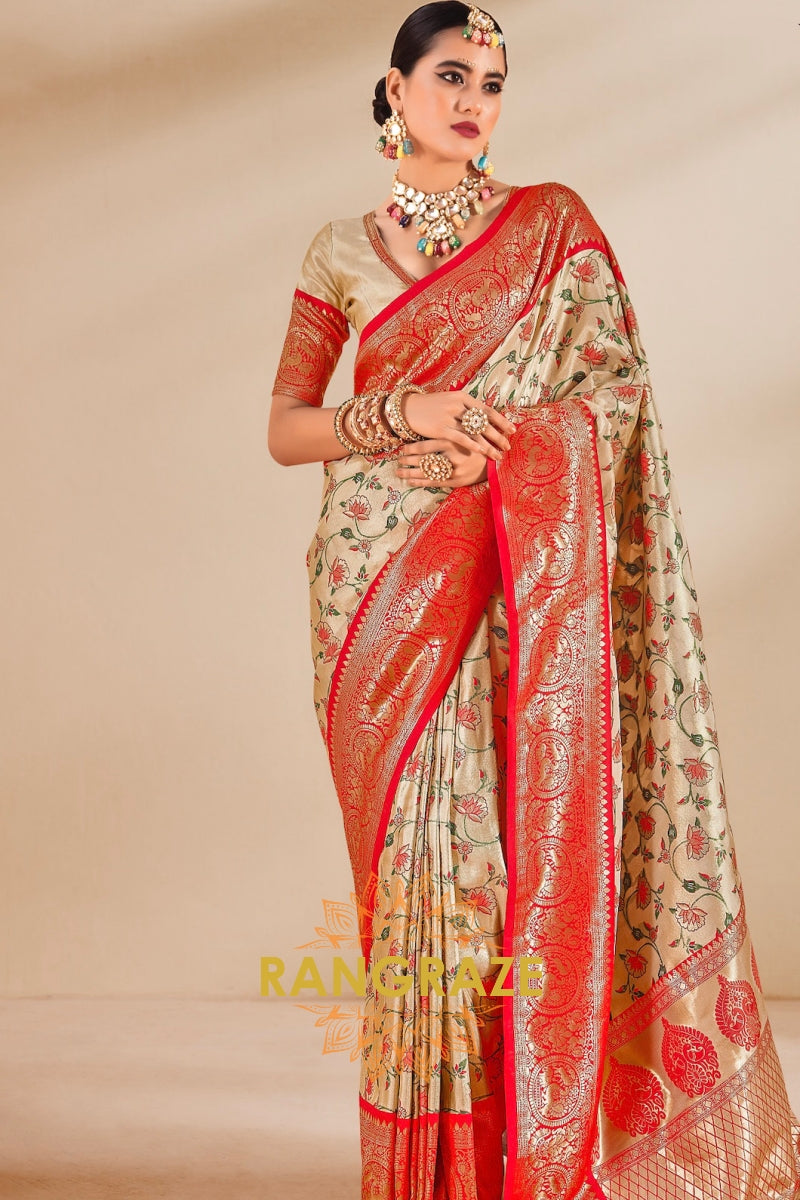 Ivory Red Splendor Dharmavaram Tissue Silk Saree with Zari Weaving