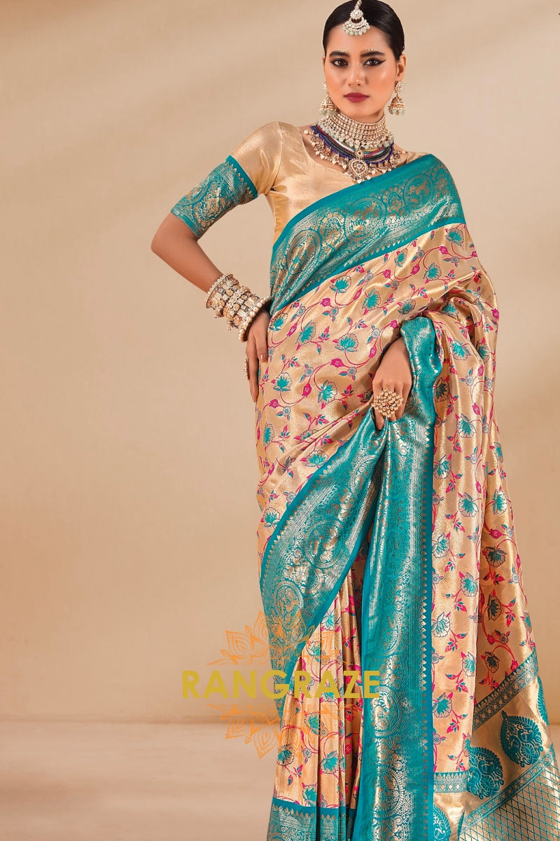 Golden Radiance Dharmavaram Tissue Silk Saree with Turquoise Grandeur