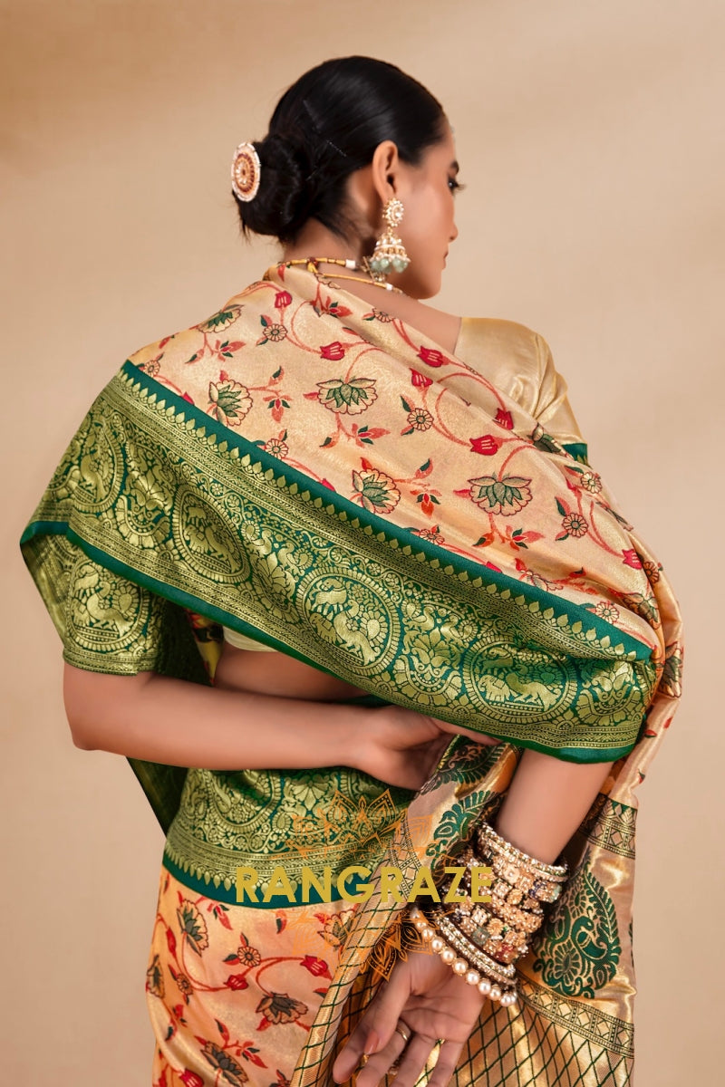 Majestic Beige and Emerald Green Dharmavaram Tissue Silk Saree with Ornate Zari Weaving