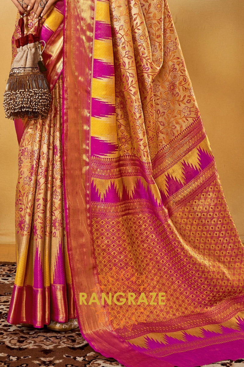 Majestic Golden Blossom Dharmavaram Silk Saree