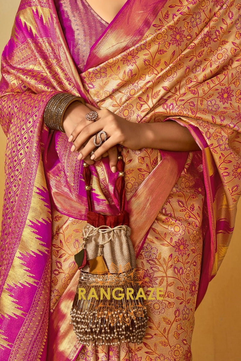 Majestic Golden Blossom Dharmavaram Silk Saree