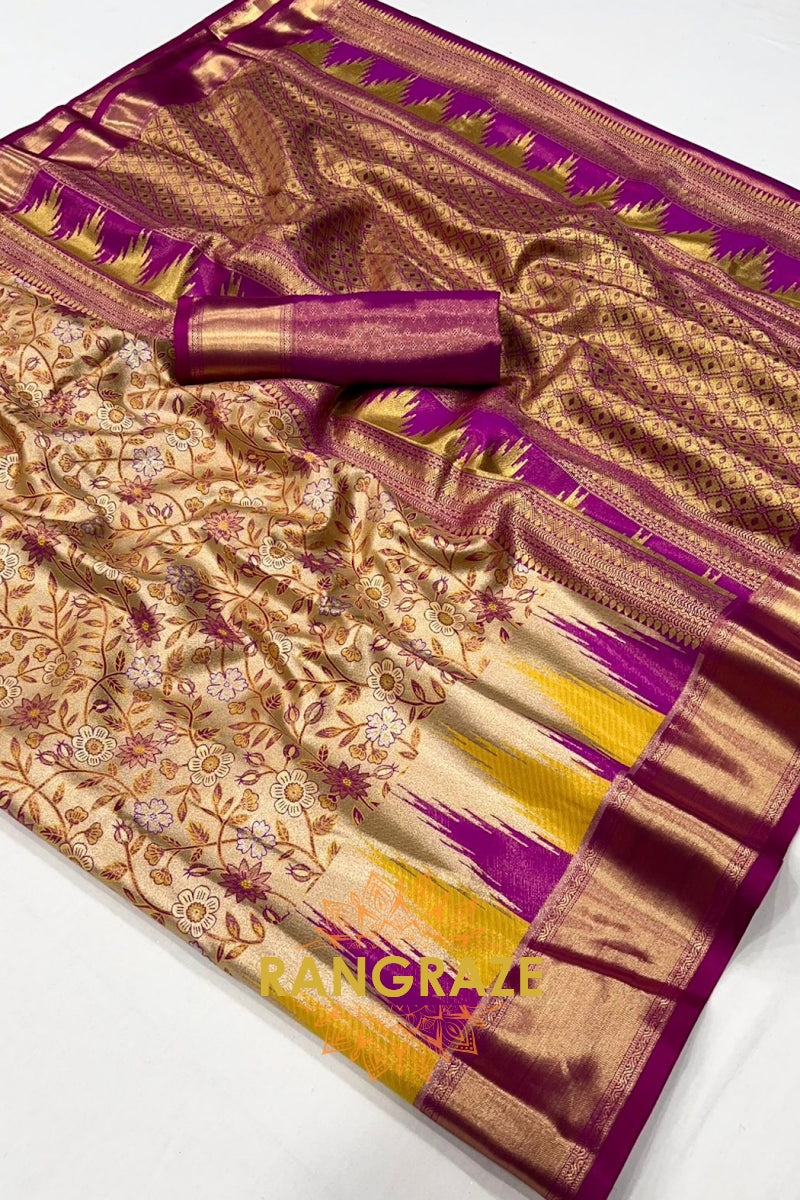 Majestic Golden Blossom Dharmavaram Silk Saree