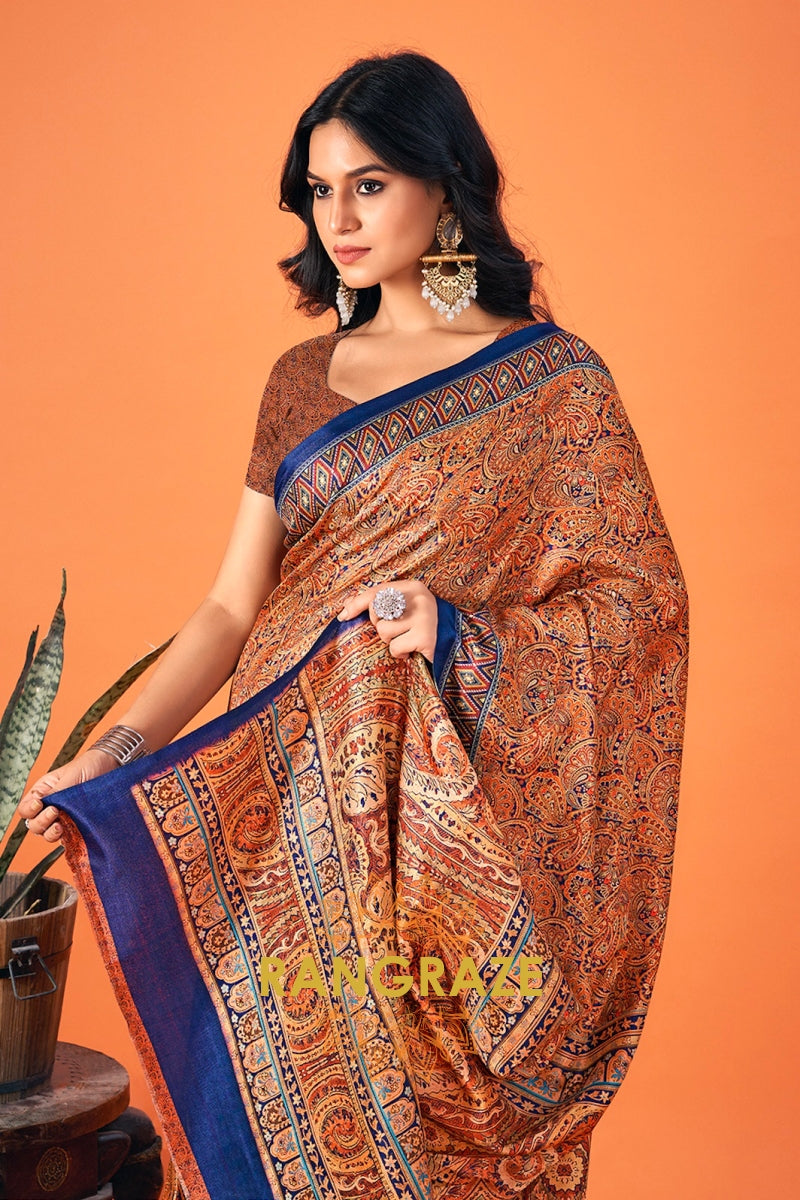 Royal Orange Multi Color Printed Pashmina Jamewar Saree