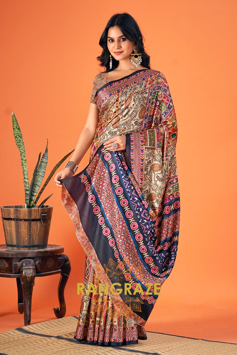 Beige And Blue Printed Pashmina Jamewar Saree