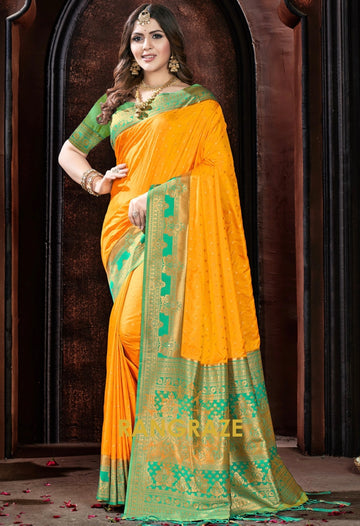 Dazzling Yellow Woven Banarasi Silk Saree With Contrast Blouse