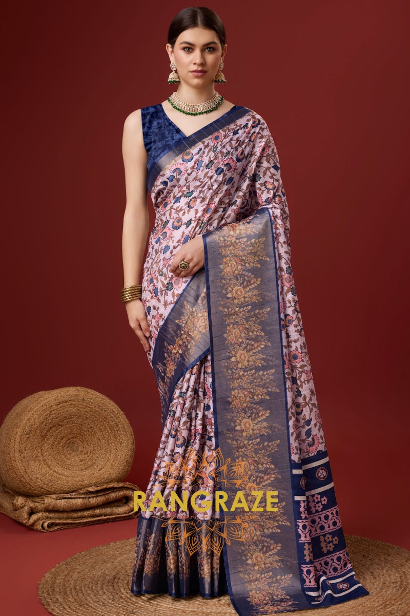 Pink Blue Cotton Digital Print Saree With Blouse Piece