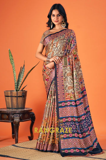 Beige And Blue Printed Pashmina Jamewar Saree