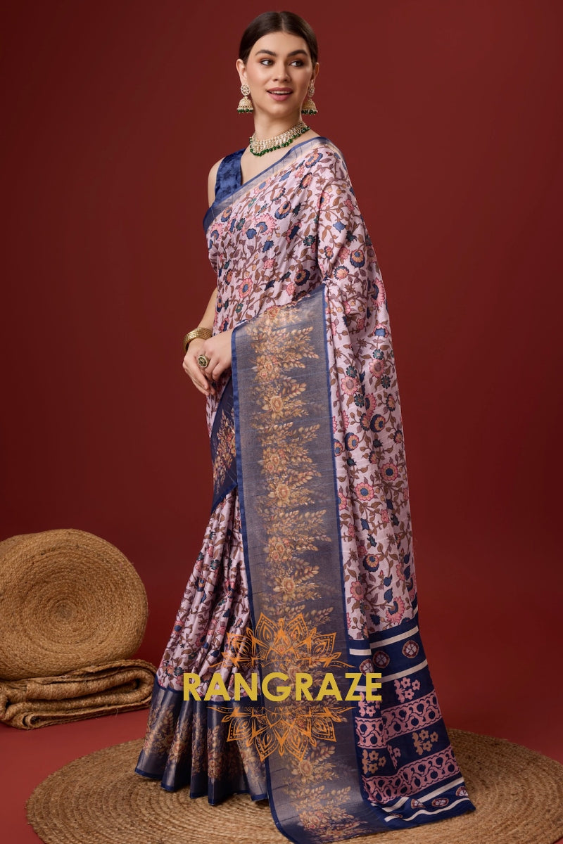 Pink Blue Cotton Digital Print Saree With Blouse Piece