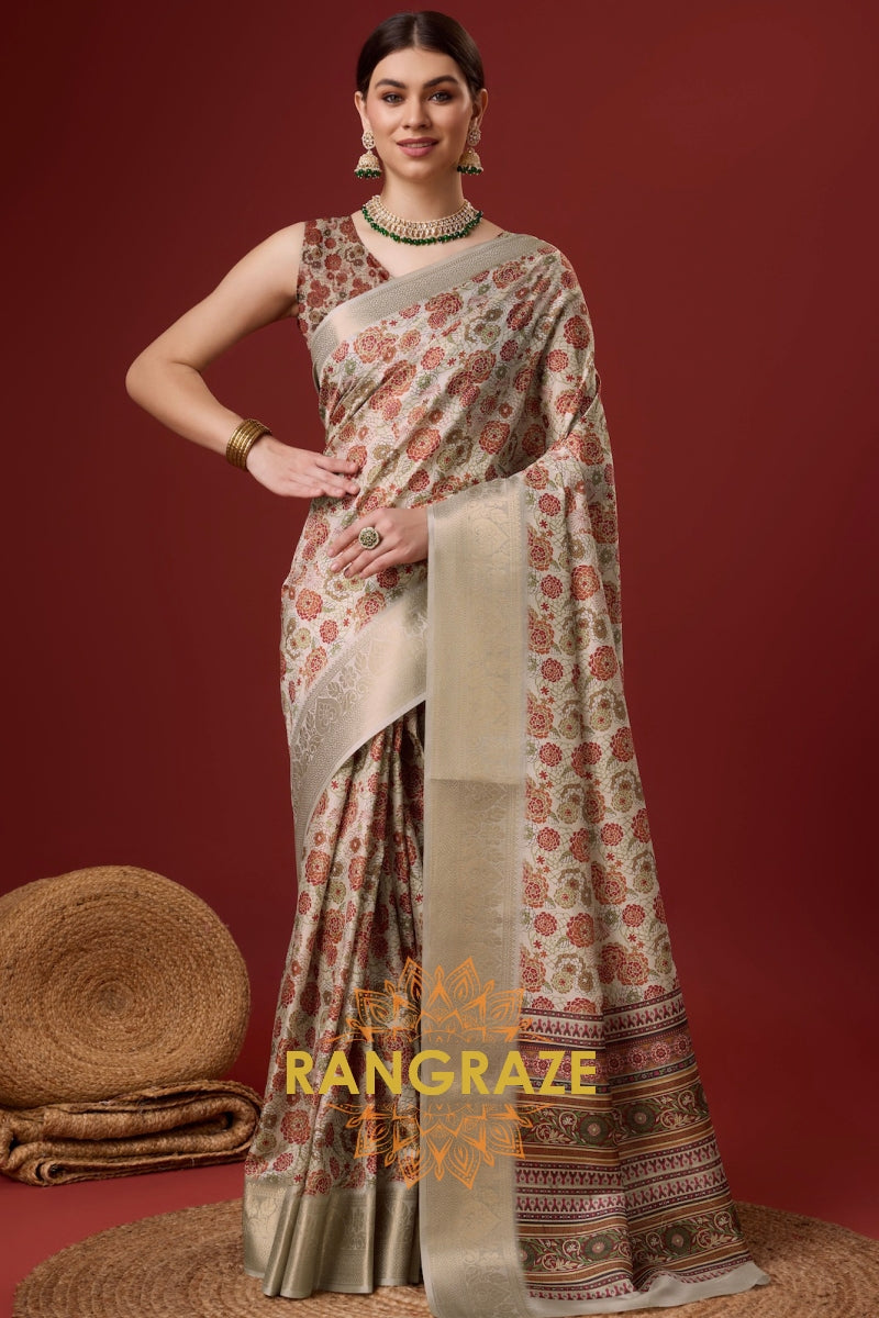 Beige Brown Cotton Digital Print Saree With Blouse Piece