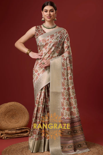 Beige Brown Cotton Digital Print Saree With Blouse Piece