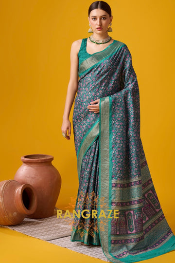 Turquoise Green Cotton Digital Printed Saree With Blouse Piece