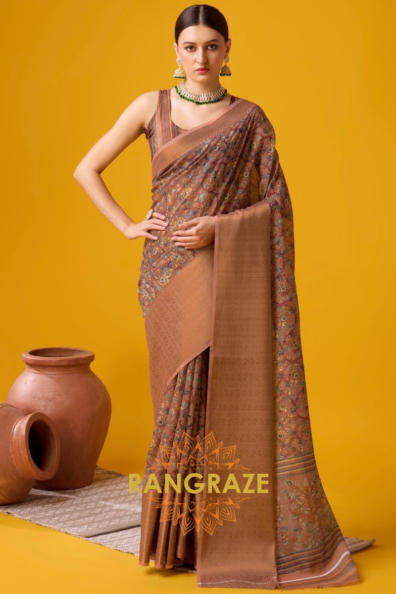 Metal Brown Cotton Digital Print Saree With Blouse Piece