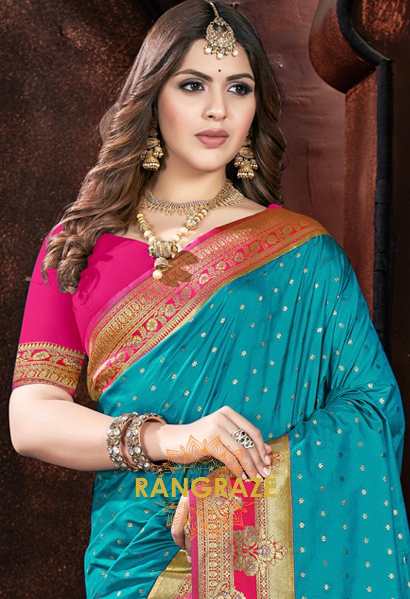 Turquoise Blue Woven Banarasi Silk Saree With Contrast Blouse