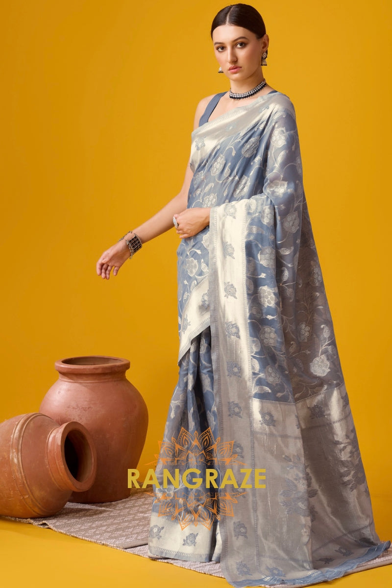 Carbon Grey Blended Cotton Zari Woven Festive Wear Saree