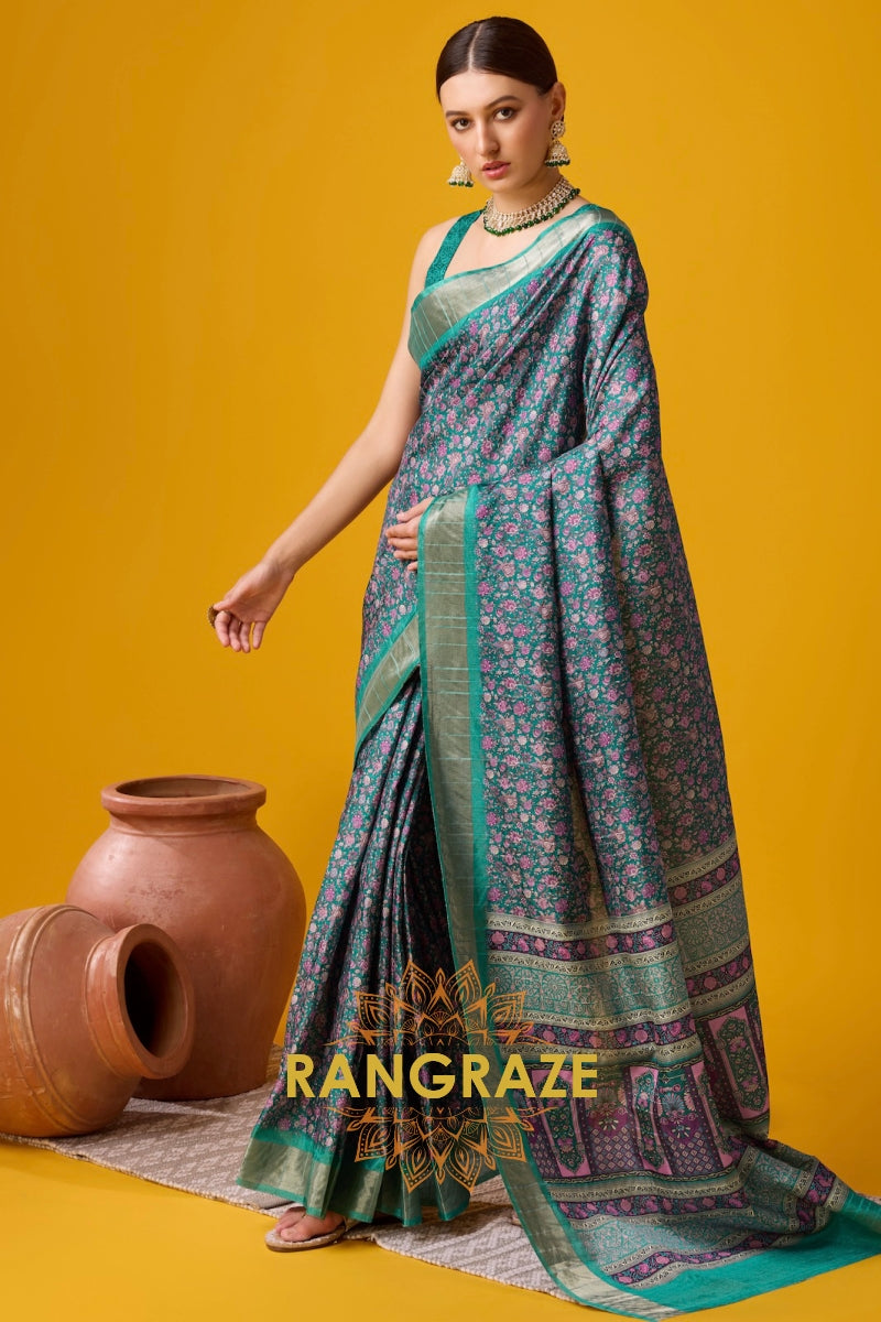 Turquoise Green Cotton Digital Printed Saree With Blouse Piece